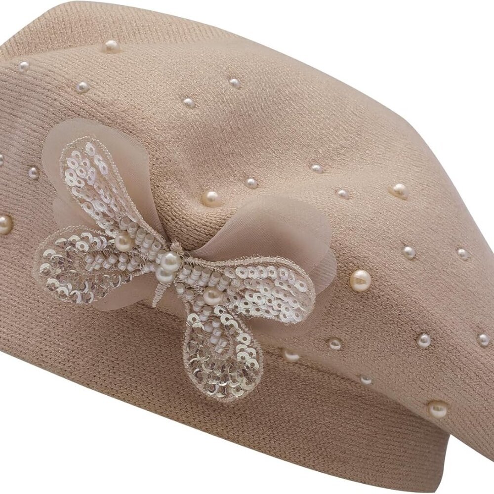 Womens French Beret hat, Reversible Solid Color Cashmere Mosaic Warm Beret Cap f